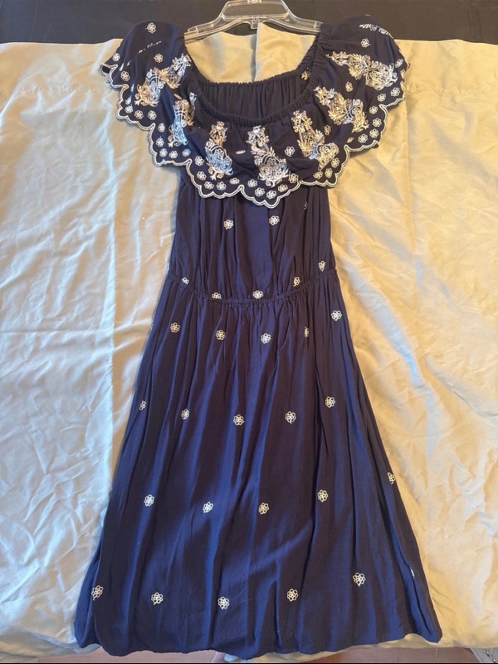Embroidered Navy Off-Shoulder Midi Dress